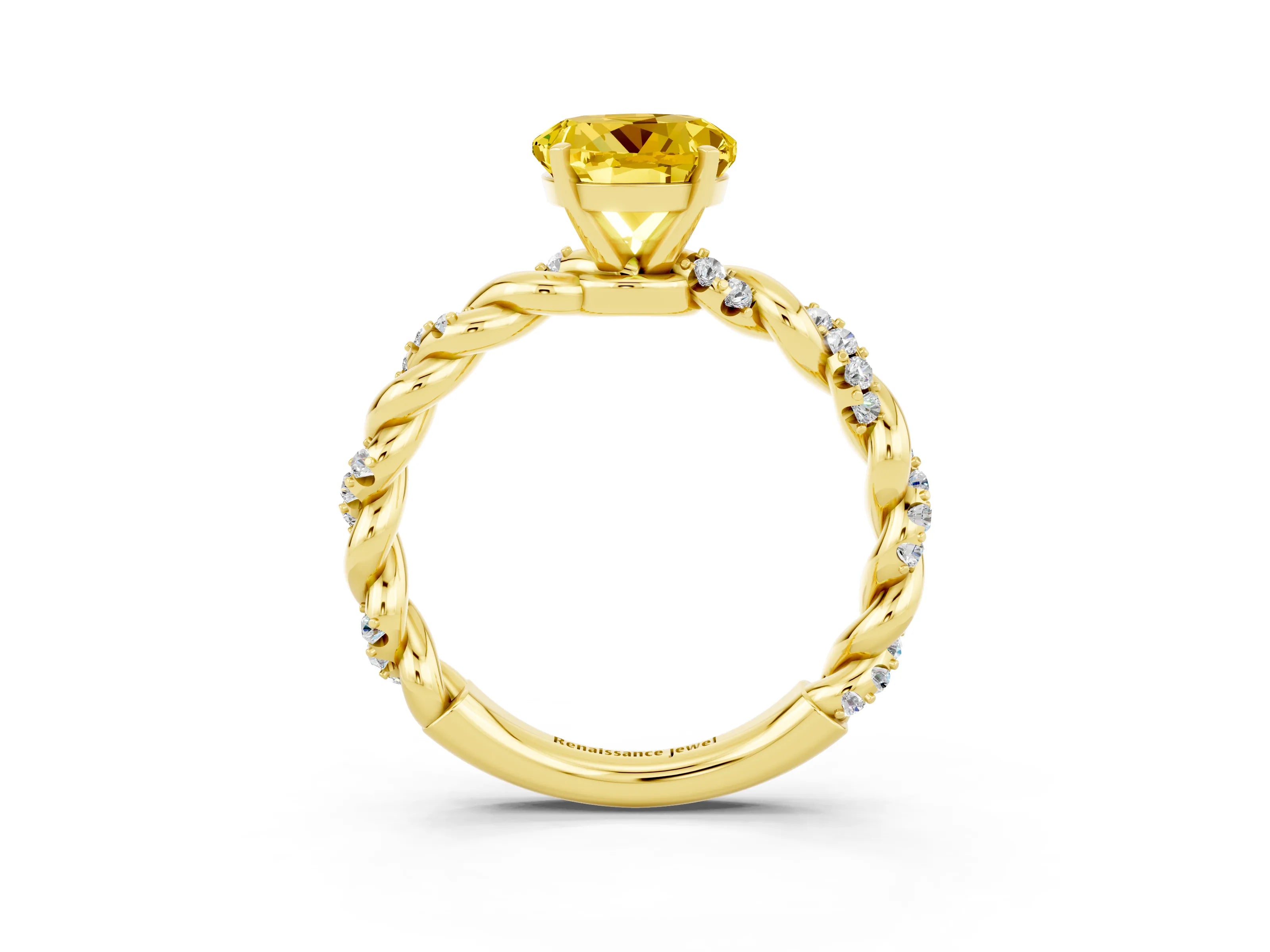 Yellow gold Round Cut Yellow Sapphire Solitaire Ring with Twisted Band and Pavé Accents_3