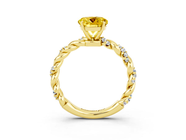 Yellow gold Round Cut Yellow Sapphire Solitaire Ring with Twisted Band and Pavé Accents