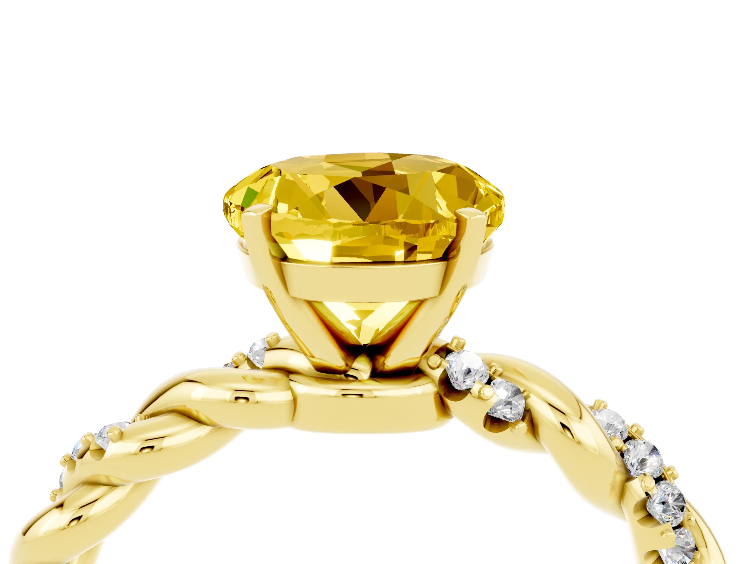 Yellow gold Round Cut Yellow Sapphire Solitaire Ring with Twisted Band and Pavé Accents_4