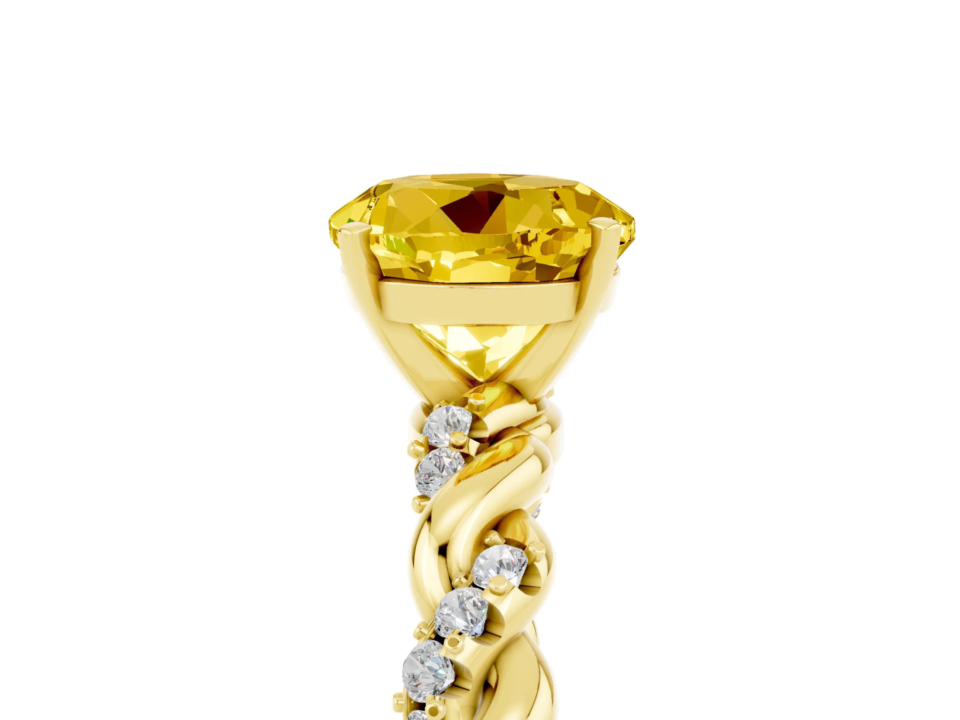 Yellow gold Round Cut Yellow Sapphire Solitaire Ring with Twisted Band and Pavé Accents_5