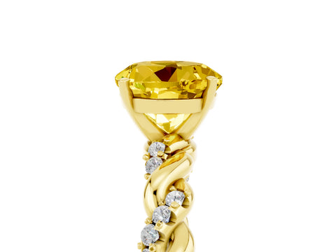 Yellow gold Round Cut Yellow Sapphire Solitaire Ring with Twisted Band and Pavé Accents_5