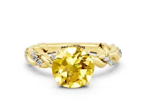 Yellow gold Round Cut Yellow Sapphire Solitaire Ring with Twisted Band and Pavé Accents
