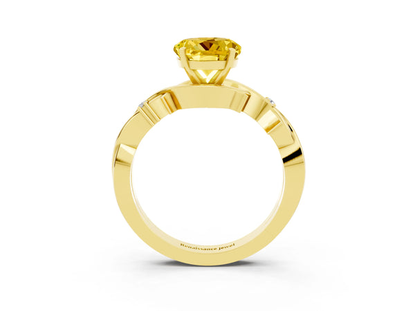 Yellow gold Round Cut Yellow Sapphire Solitaire Ring with Twisted Band and Prong Setting
