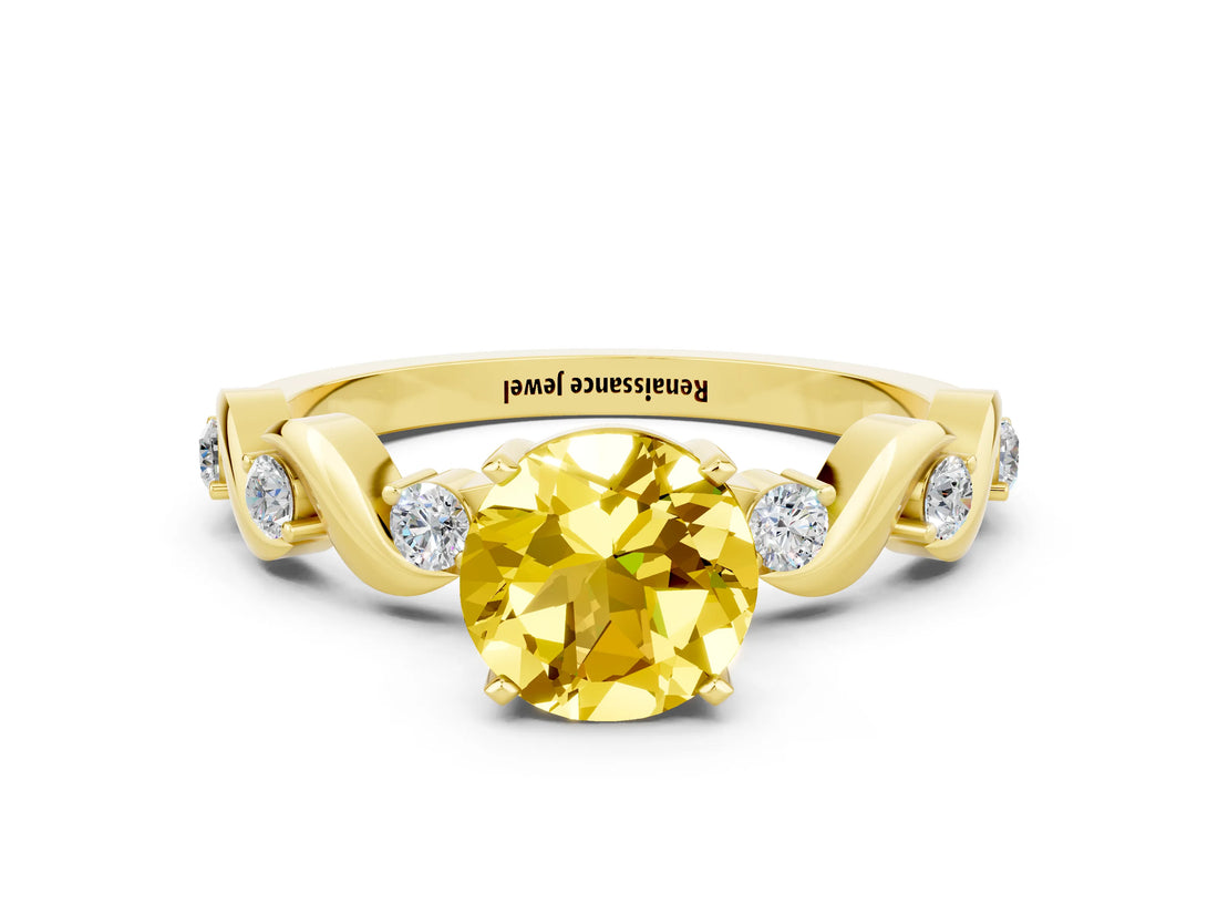 Yellow gold Round Cut Yellow Sapphire Solitaire Twisted Band with Round  Accents and Prong Setting_12