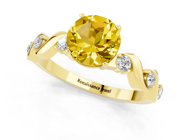 Yellow gold Round Cut Yellow Sapphire Solitaire Twisted Band with Round  Accents and Prong Setting