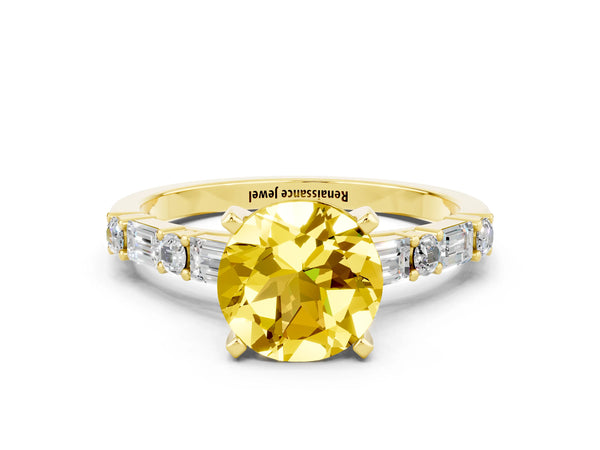 Yellow gold Round Cut Yellow Sapphire Solitaire with Side Baguettes and Channel Set Band