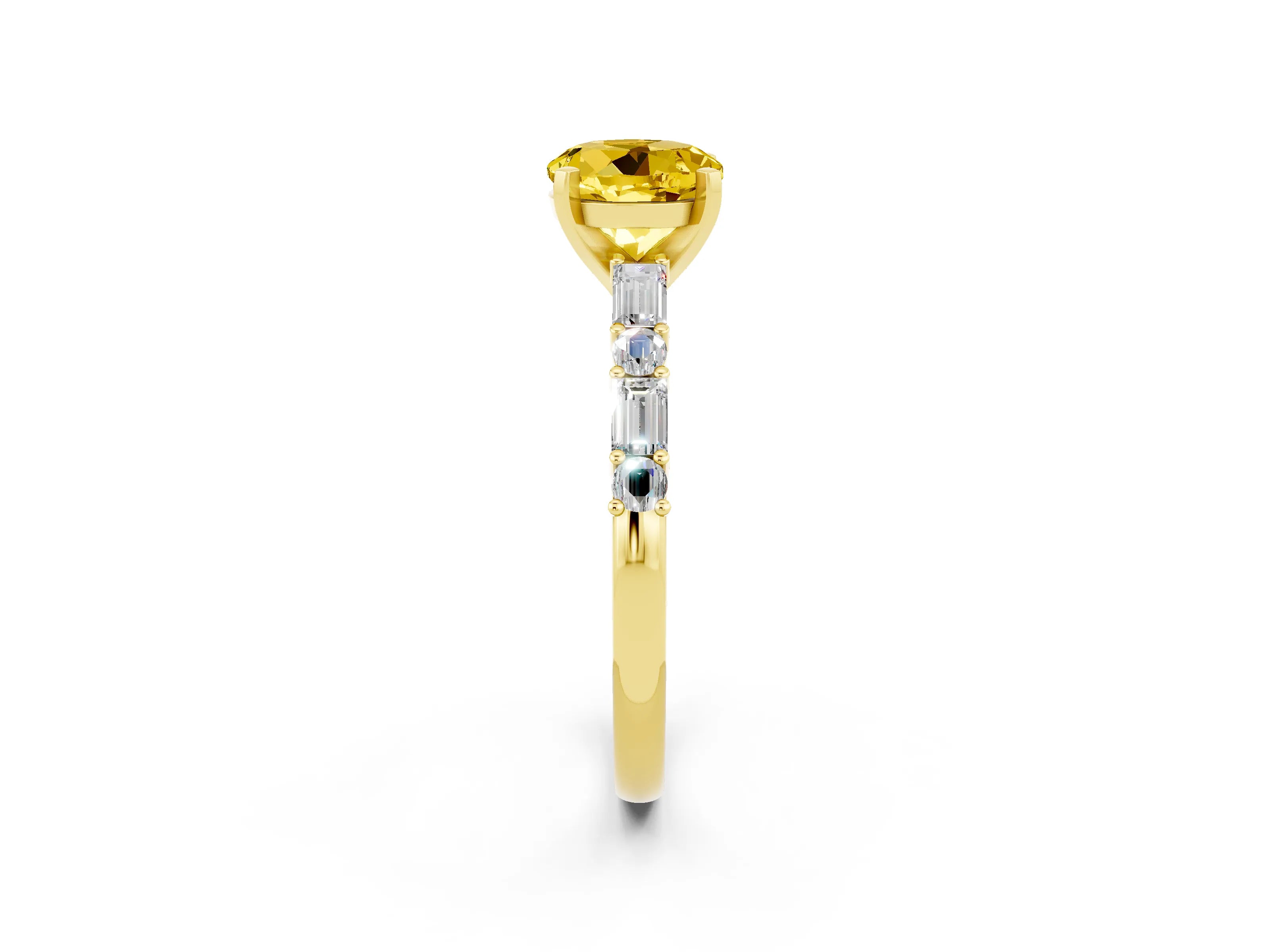 Yellow gold Round Cut Yellow Sapphire Solitaire with Side Baguettes and Channel Set Band_26