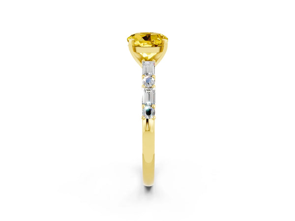 Yellow gold Round Cut Yellow Sapphire Solitaire with Side Baguettes and Channel Set Band