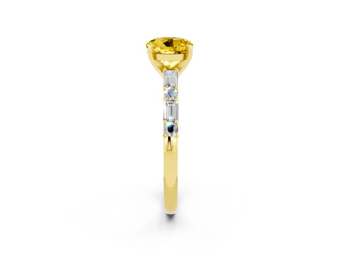 Yellow gold Round Cut Yellow Sapphire Solitaire with Side Baguettes and Channel Set Band_26