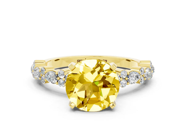 Yellow gold Round Cut Yellow Sapphire Side Stone Solitaire Ring with Round  and Four-Prong Setting