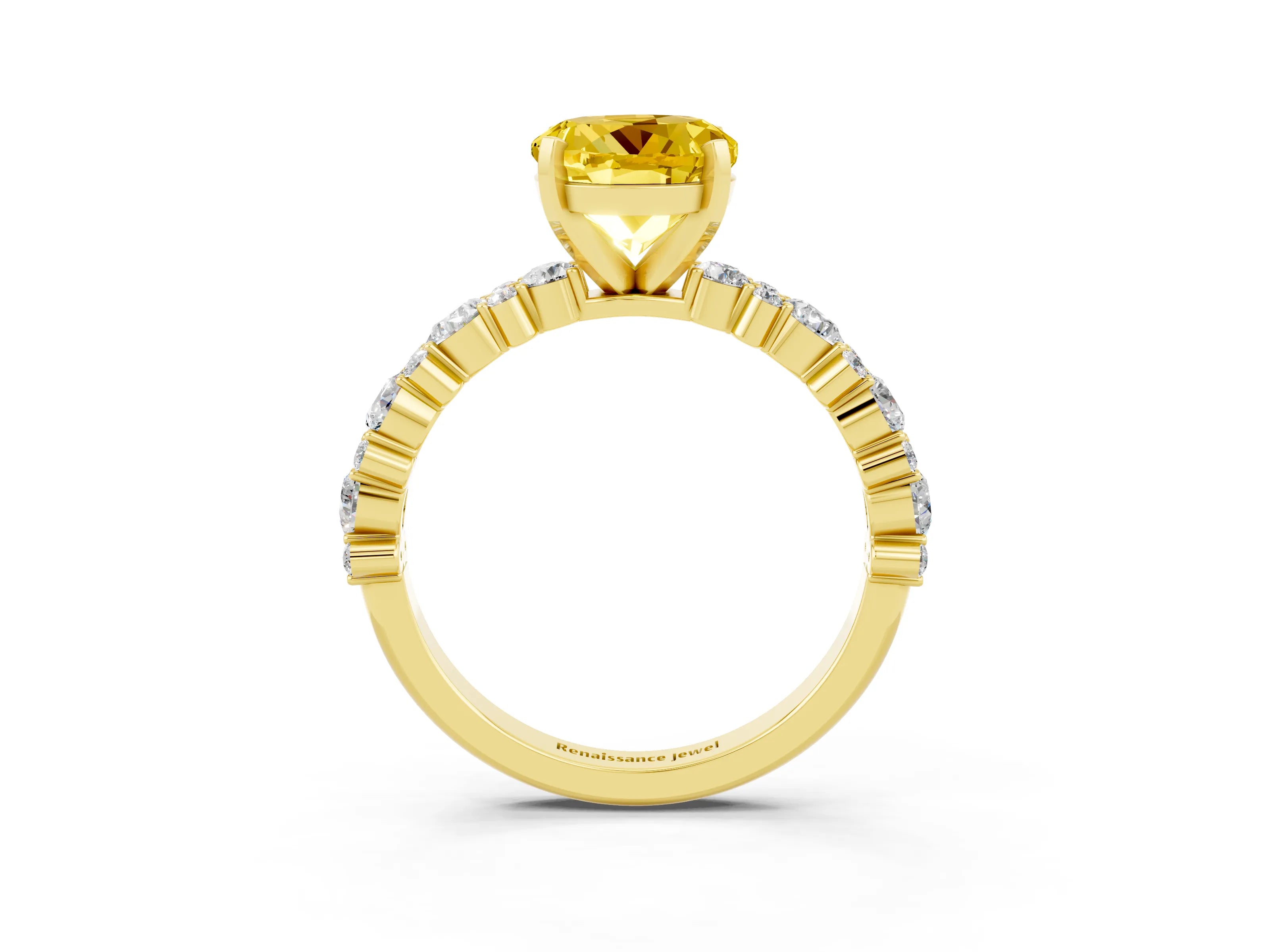 Yellow gold Round Cut Yellow Sapphire Solitaire with Side Stones, Pave Band, Four-Prong Setting_75