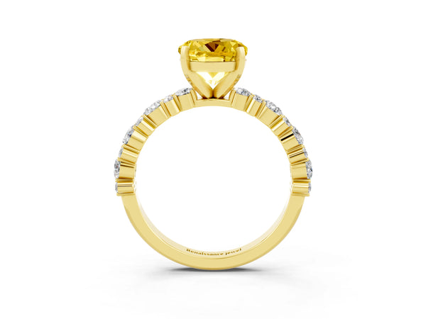 Yellow gold Round Cut Yellow Sapphire Side Stone Solitaire Ring with Round  and Four-Prong Setting