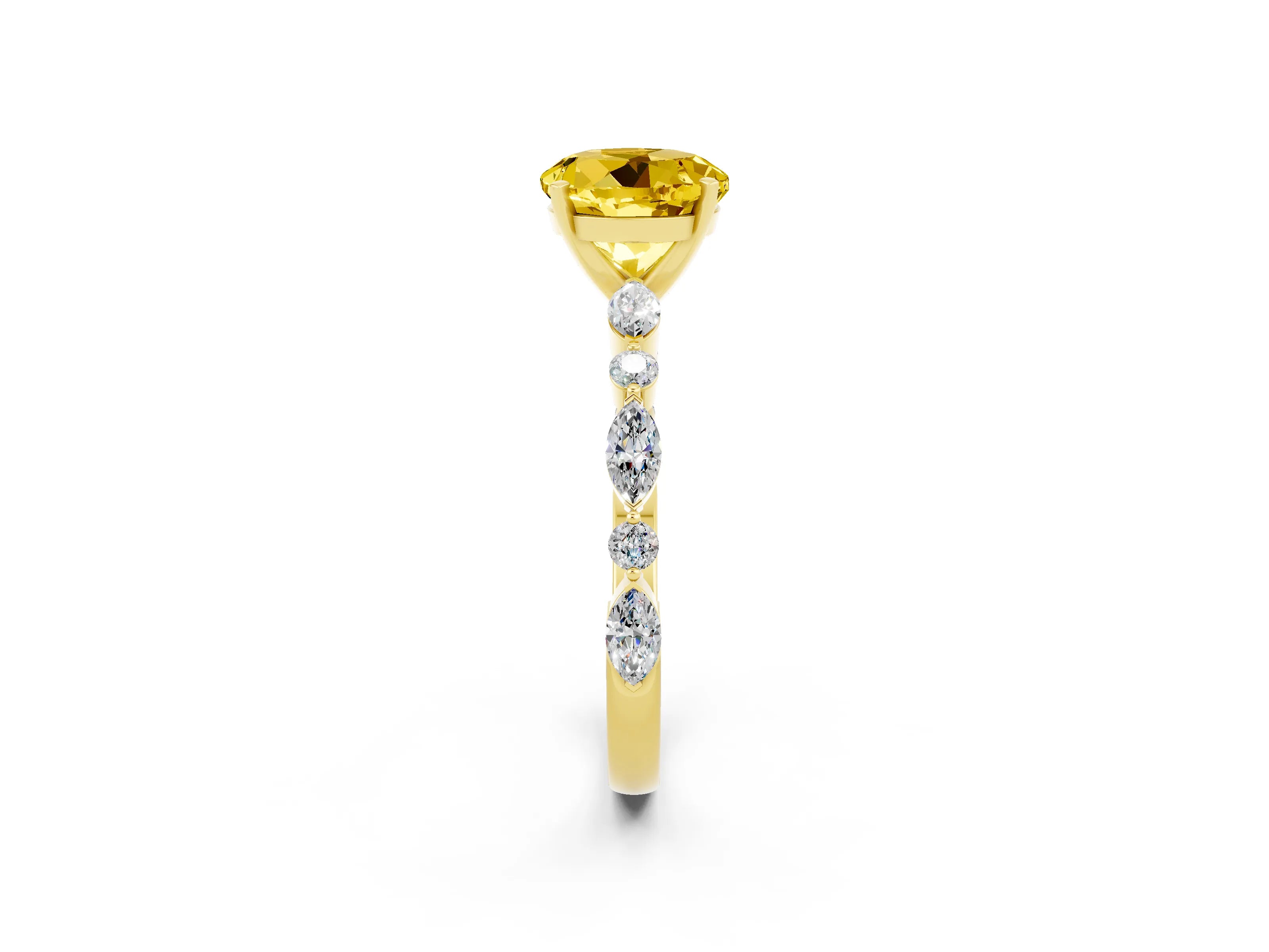 Yellow gold Round Cut Yellow Sapphire Solitaire with Side Stones on a Pavé Band and Four-Prong Setting_26