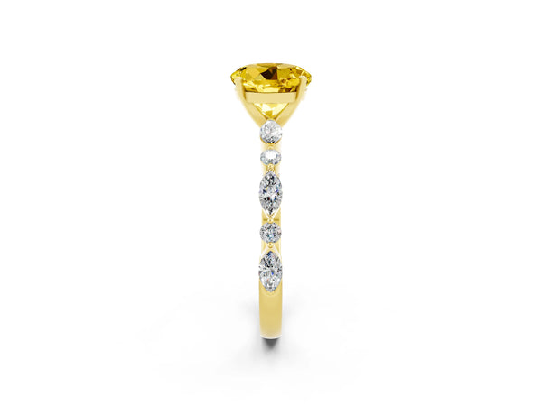 Yellow gold Round Cut Yellow Sapphire Ring with Marquise and Round  Side Stones and Four-Prong Setting