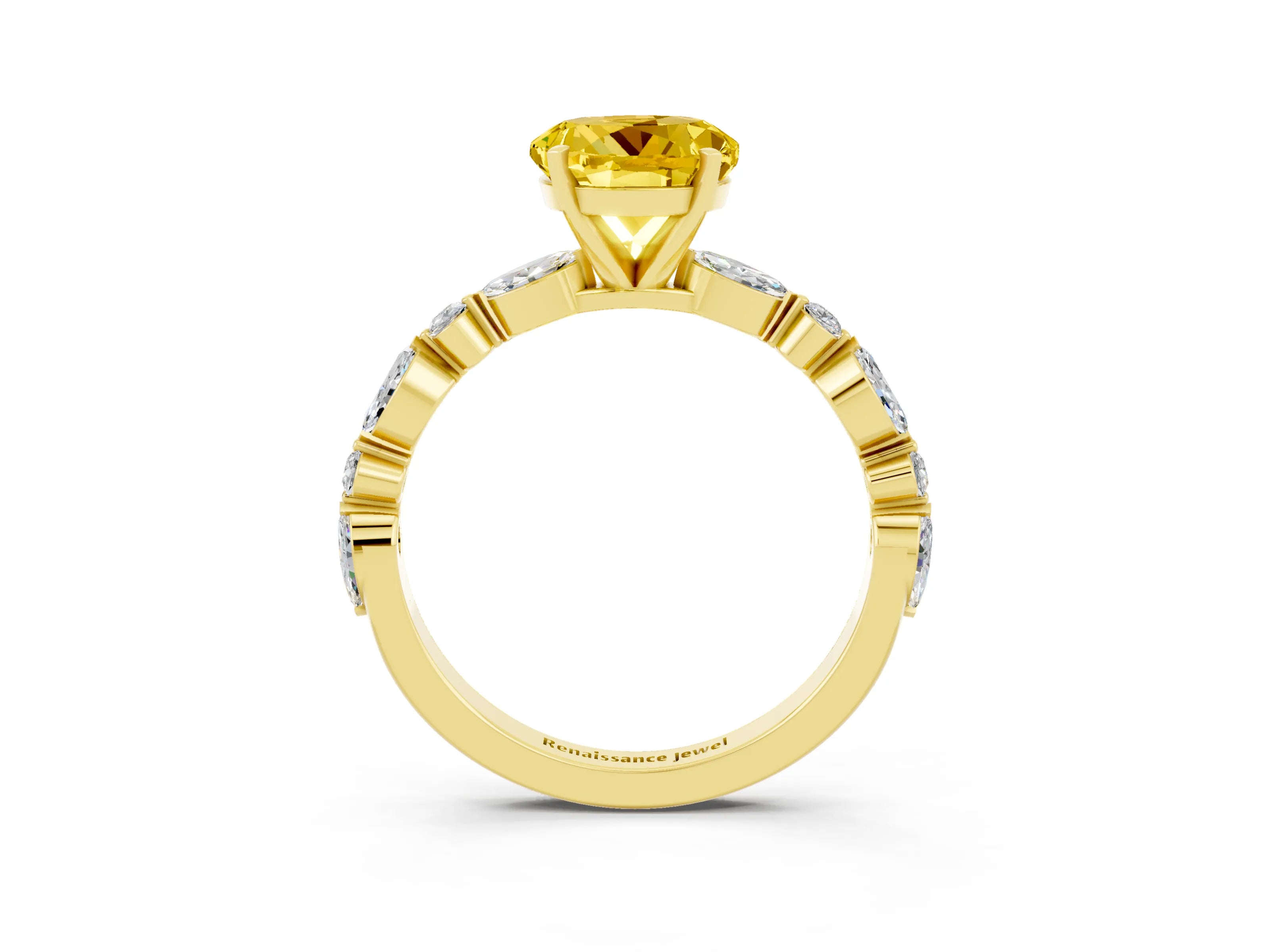 Yellow gold Round Cut Yellow Sapphire Solitaire with Side Stones on a Pavé Band and Four-Prong Setting_27