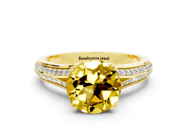 Yellow gold Round Cut Yellow Sapphire Split Shank Engagement Ring with Pavé Band