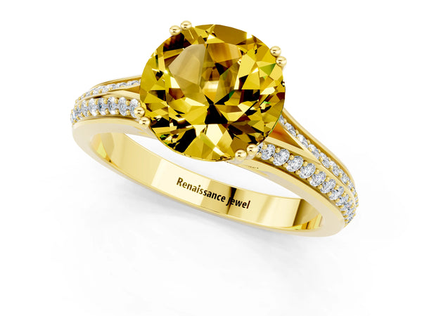 Yellow gold Round Cut Yellow Sapphire Split Shank Engagement Ring with Pavé Band