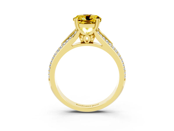 Yellow gold Round Cut Yellow Sapphire Split Shank Engagement Ring with Pavé Band