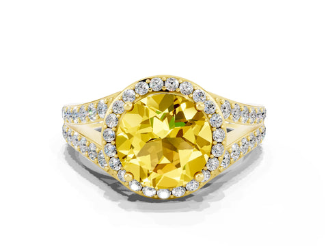 Yellow gold Round Cut Yellow Sapphire Split Shank Halo Ring with Four-Prong Setting_12