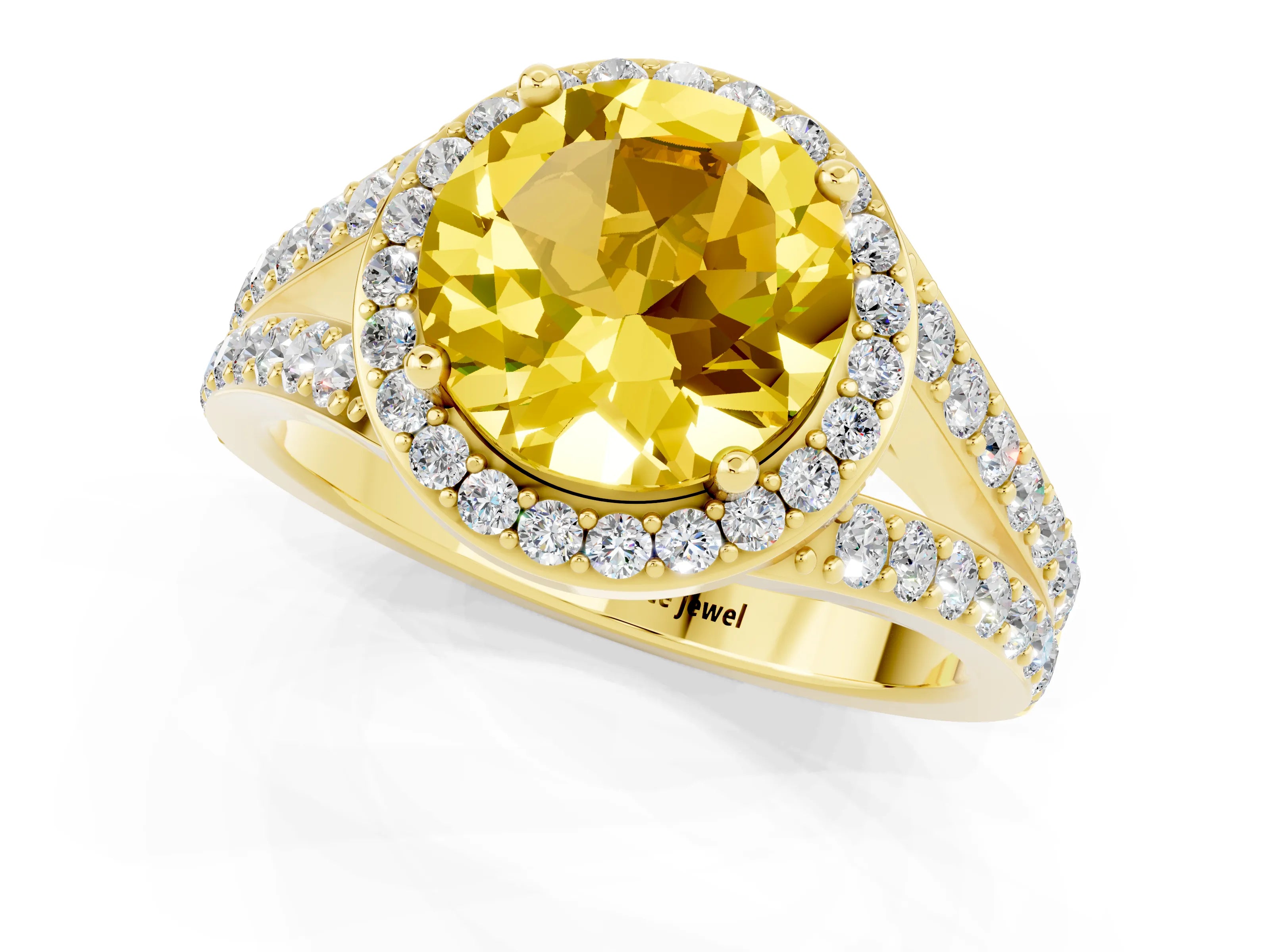 Yellow gold Round Cut Yellow Sapphire Split Shank Halo Ring with Four-Prong Setting_13