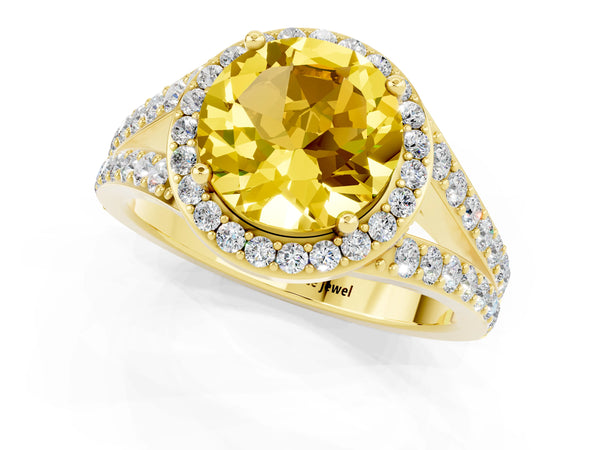Yellow gold Round Cut Yellow Sapphire Split Shank Halo Ring with Four-Prong Setting