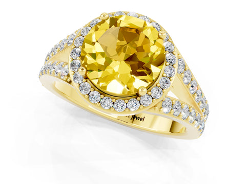 Yellow gold Round Cut Yellow Sapphire Split Shank Halo Ring with Four-Prong Setting_13