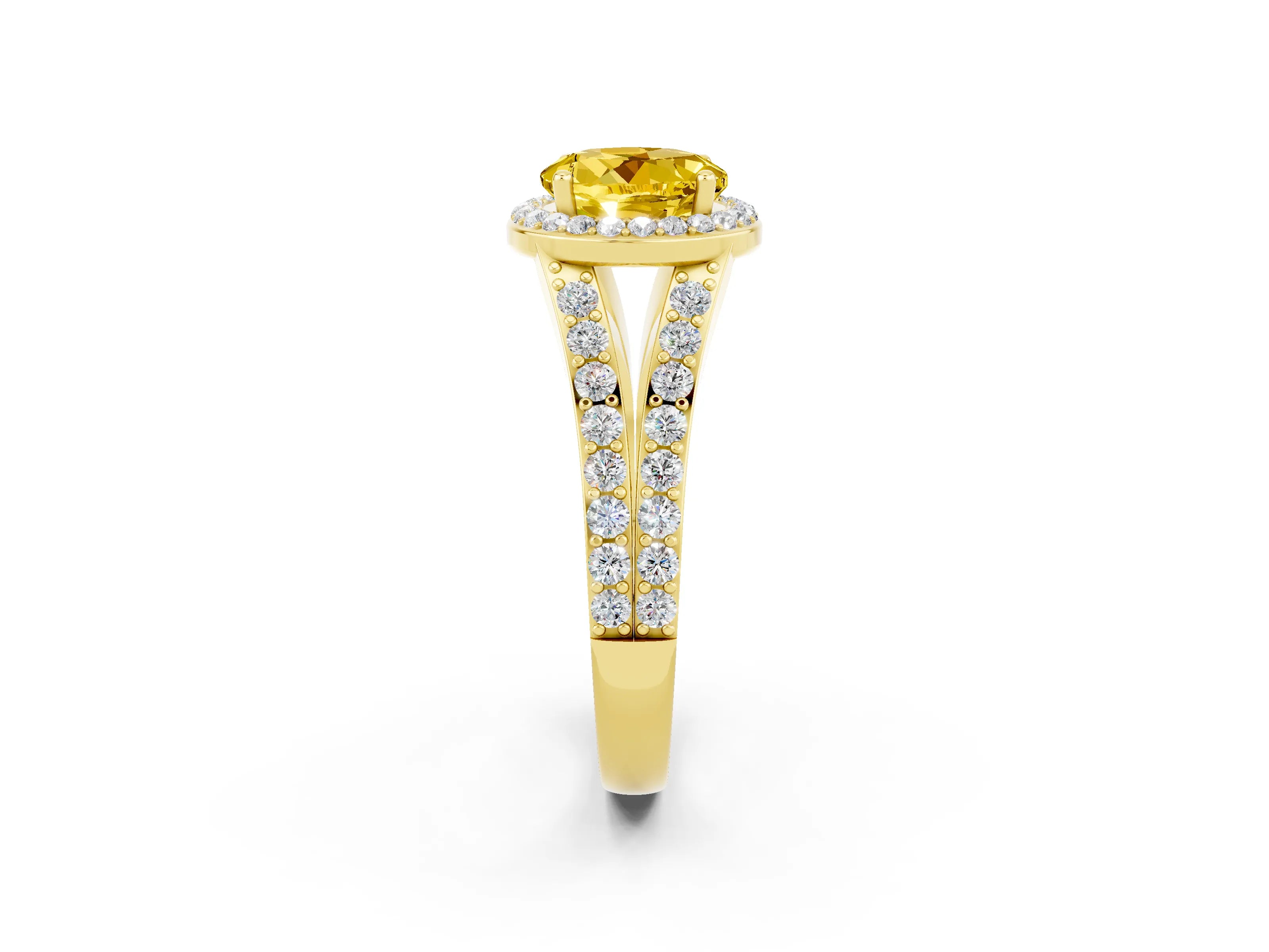 Yellow gold Round Cut Yellow Sapphire Split Shank Halo Ring with Four-Prong Setting_14