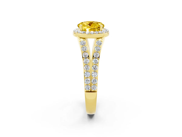 Yellow gold Round Cut Yellow Sapphire Split Shank Halo Ring with Four-Prong Setting