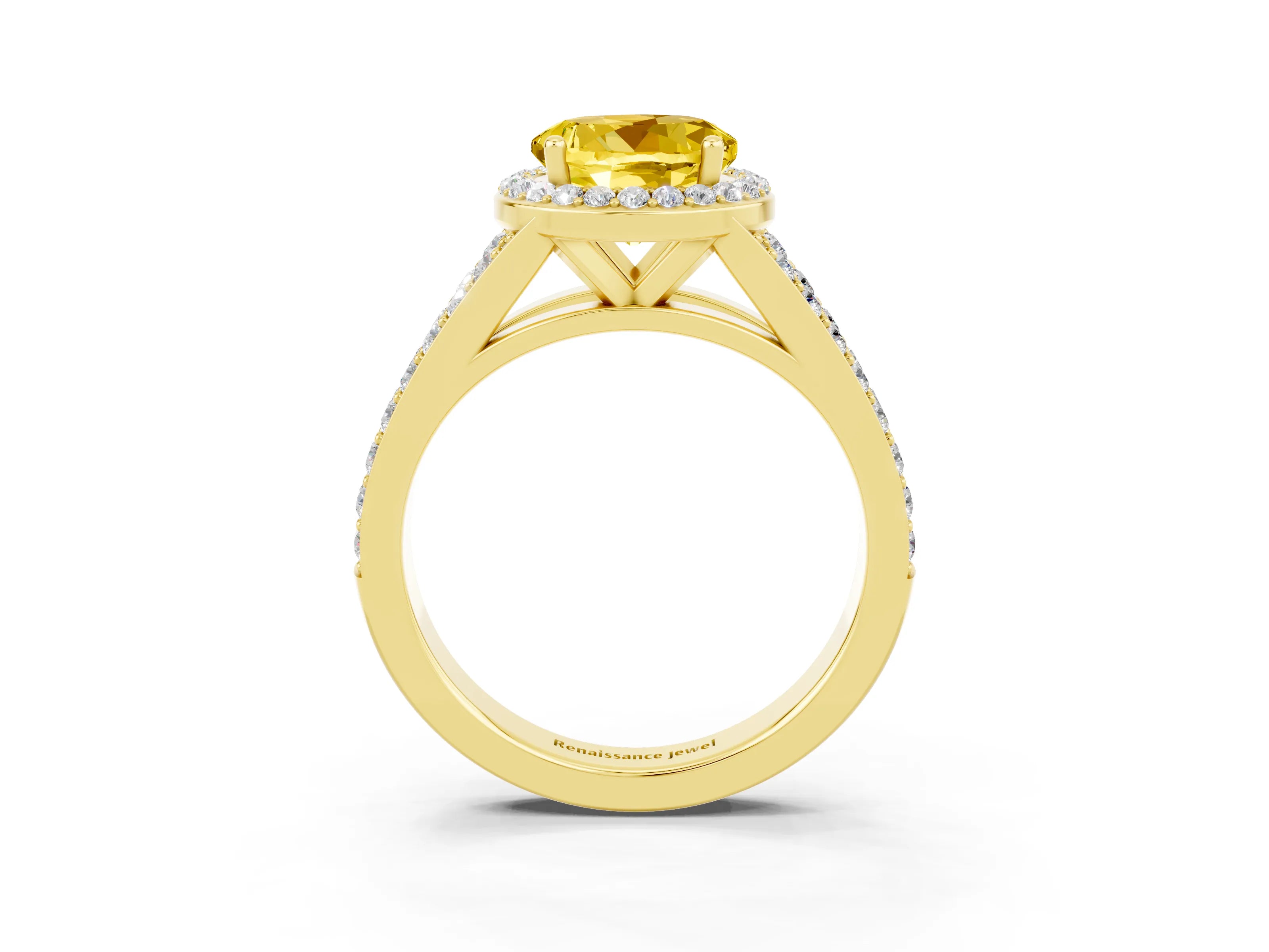 Yellow gold Round Cut Yellow Sapphire Split Shank Halo Ring with Four-Prong Setting_15