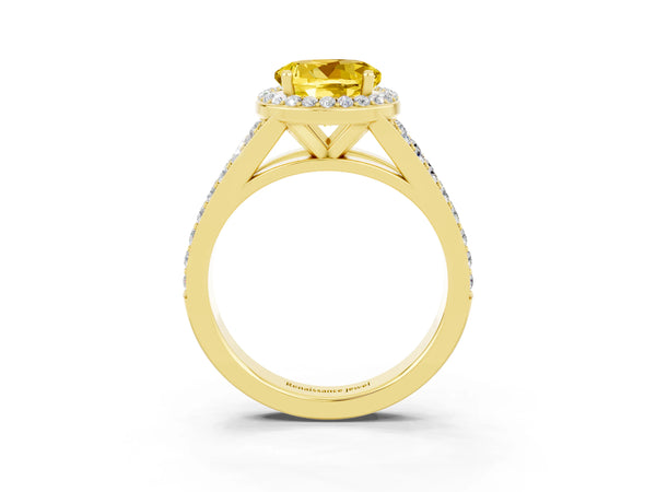 Yellow gold Round Cut Yellow Sapphire Split Shank Halo Ring with Four-Prong Setting
