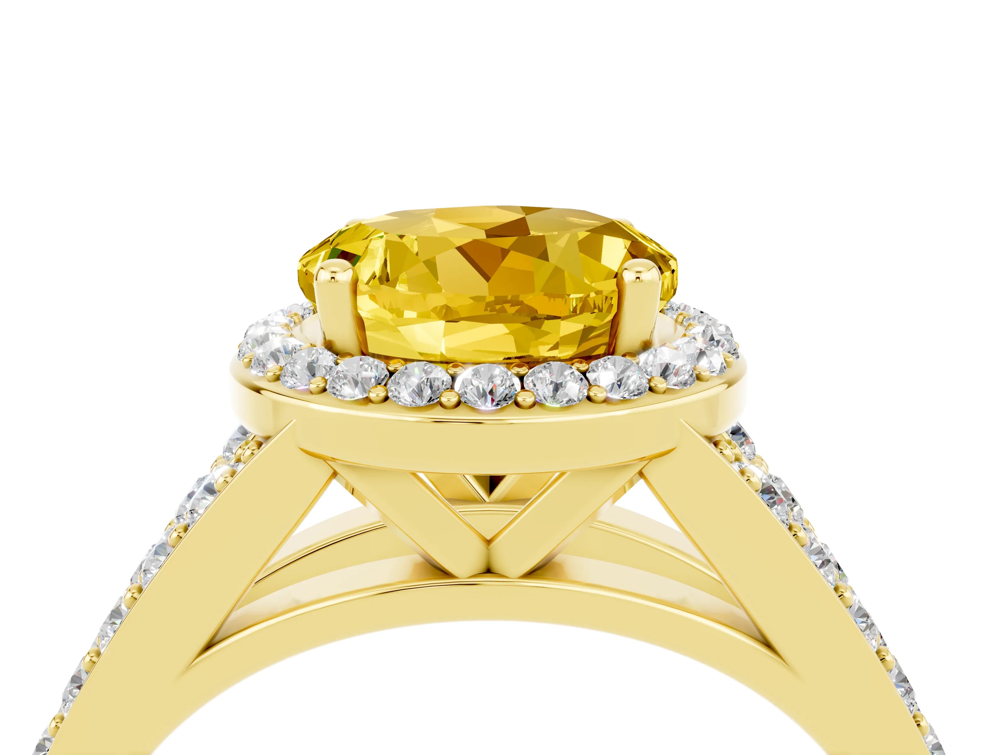 Yellow gold Round Cut Yellow Sapphire Split Shank Halo Ring with Four-Prong Setting_16