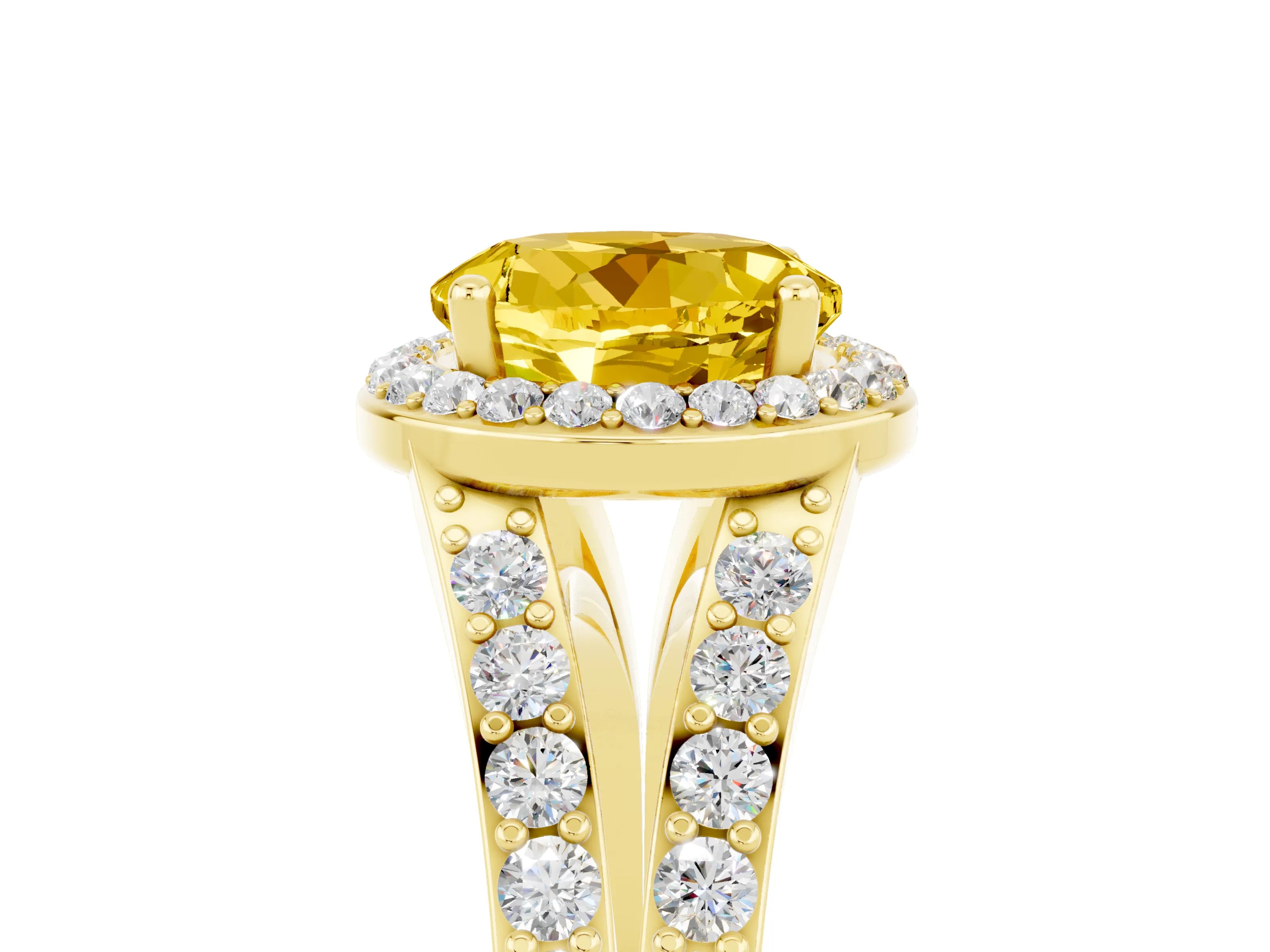 Yellow gold Round Cut Yellow Sapphire Split Shank Halo Ring with Four-Prong Setting_17