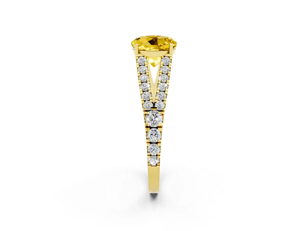 Yellow gold Round Cut Yellow Sapphire Split Shank Pavé Engagement Ring with Four-Prong Setting