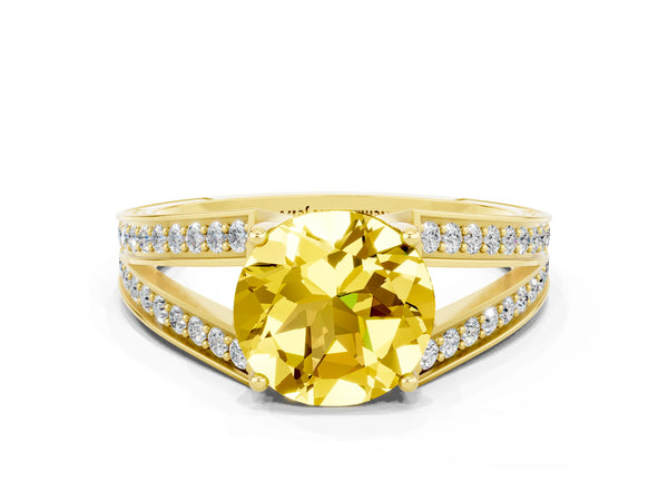 Yellow gold Round Cut Yellow Sapphire Split Shank Ring with Pavé Band and Four-Prong Setting