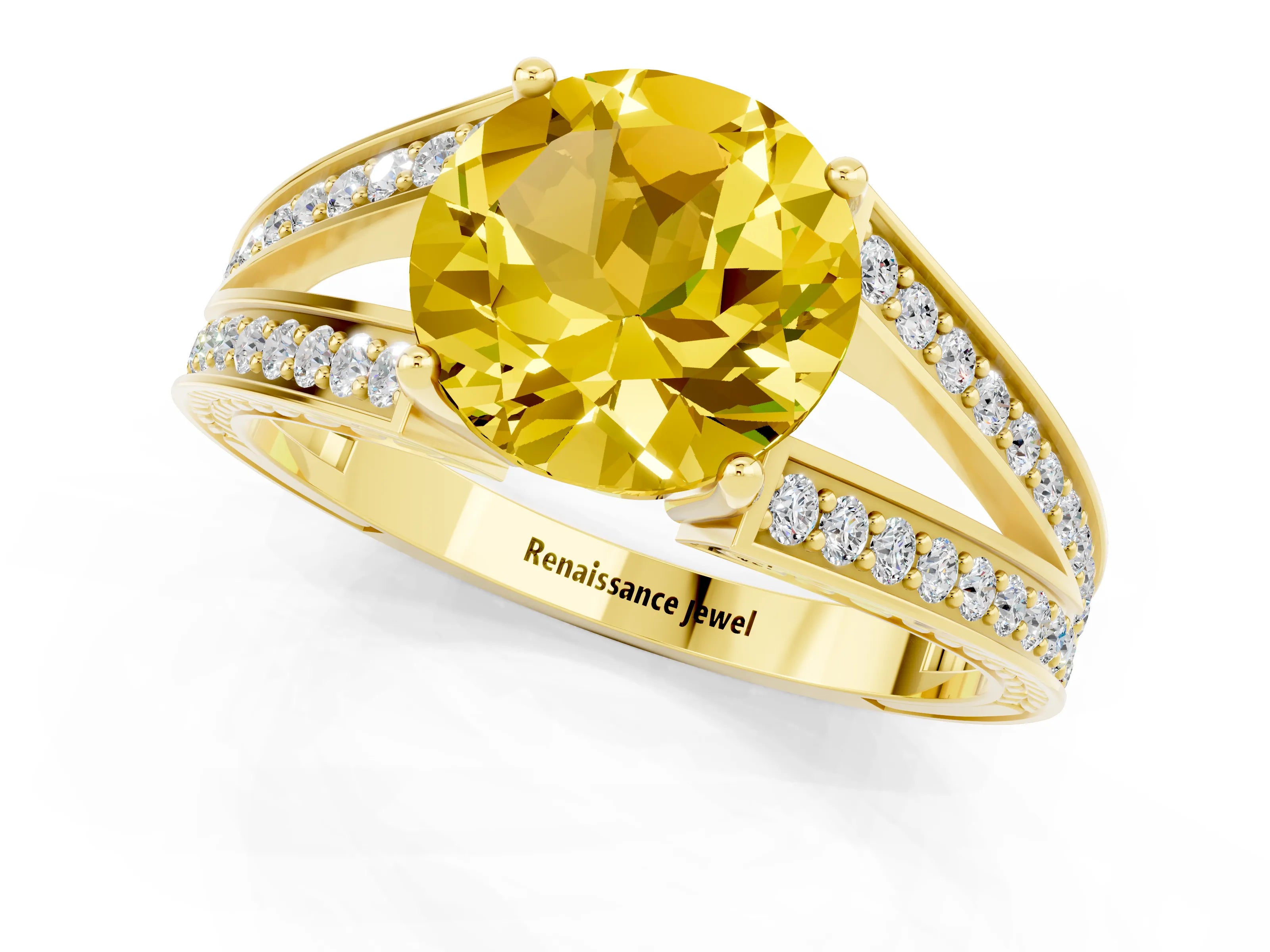 Yellow gold Round Cut Yellow Sapphire Split Shank Ring with Pavé Band and Four-Prong Setting_1