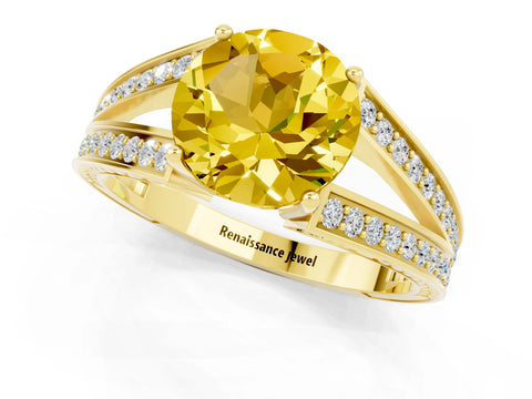 Yellow gold Round Cut Yellow Sapphire Split Shank Ring with Pavé Band and Four-Prong Setting_1