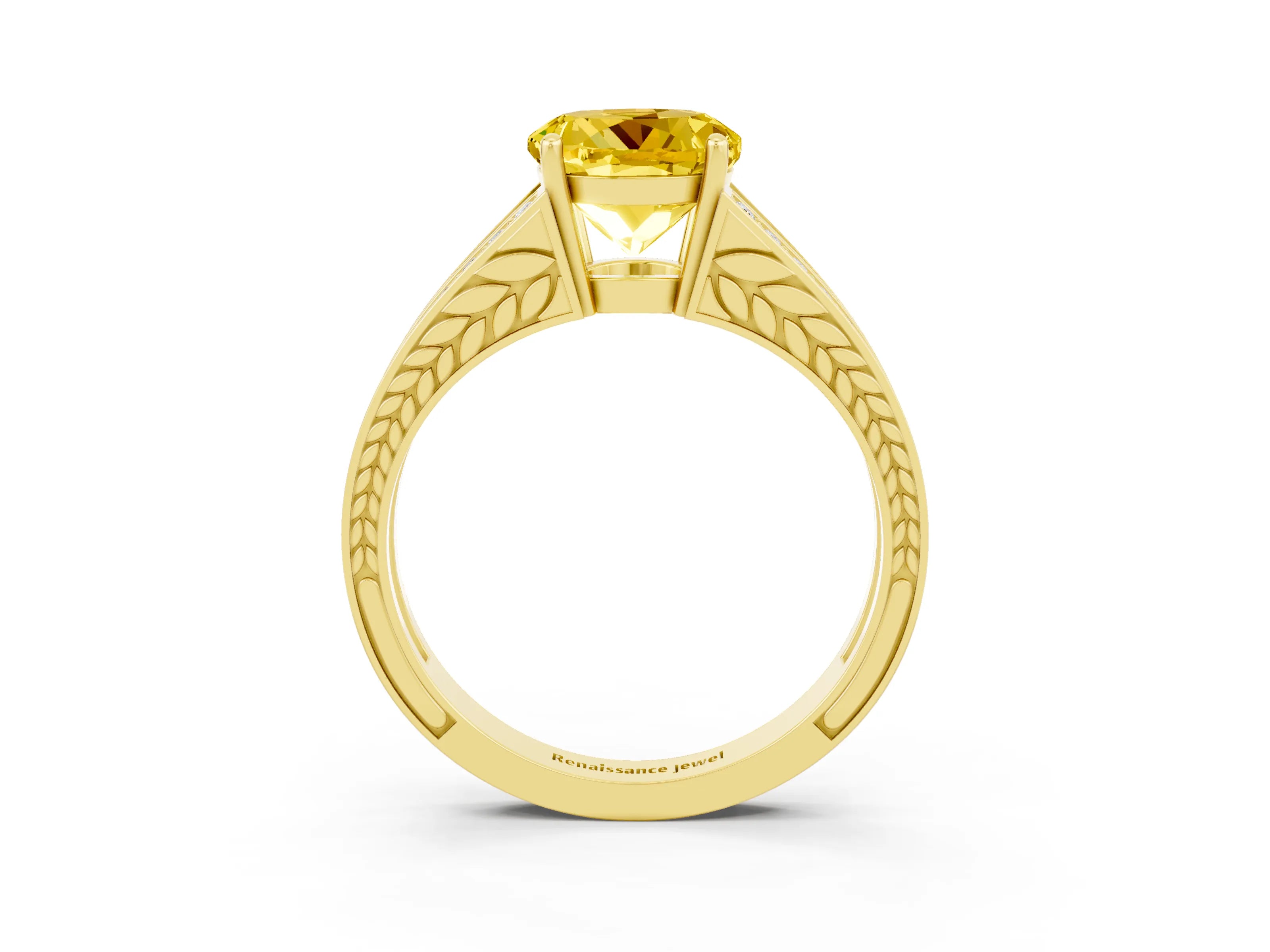 Yellow gold Round Cut Yellow Sapphire Split Shank Ring with Pavé Band and Four-Prong Setting_3