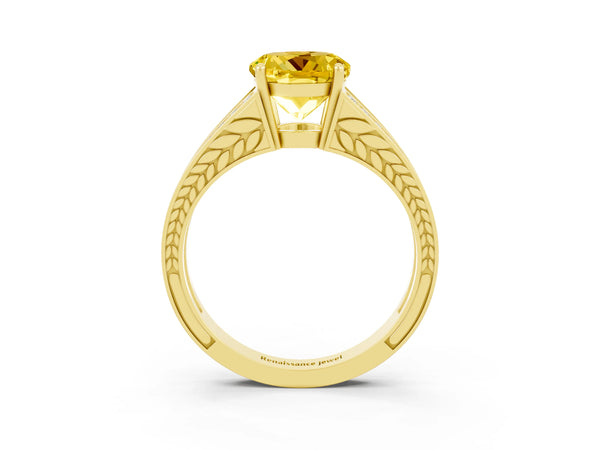 Yellow gold Round Cut Yellow Sapphire Split Shank Ring with Pavé Band and Four-Prong Setting