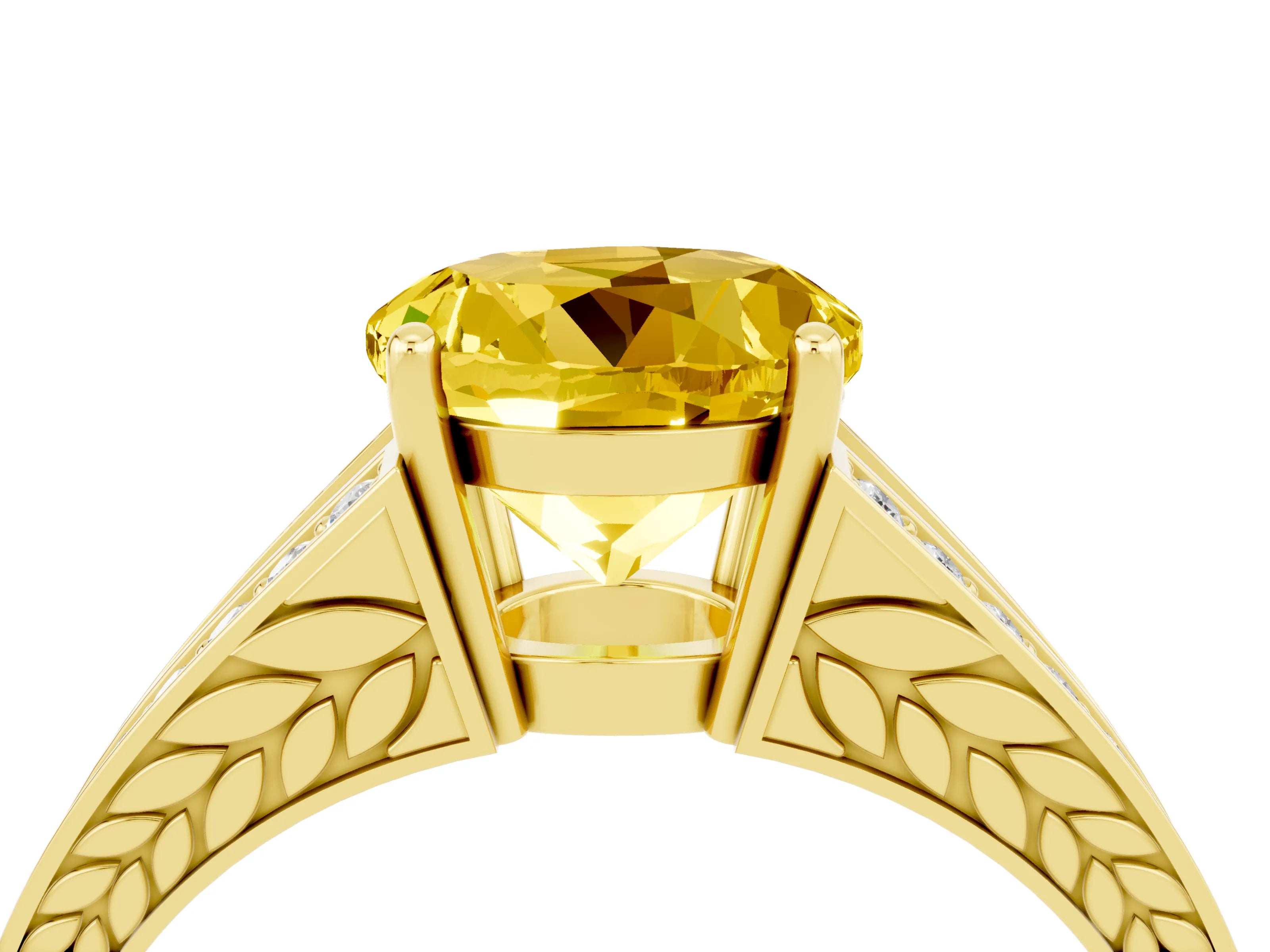 Yellow gold Round Cut Yellow Sapphire Split Shank Ring with Pavé Band and Four-Prong Setting_4