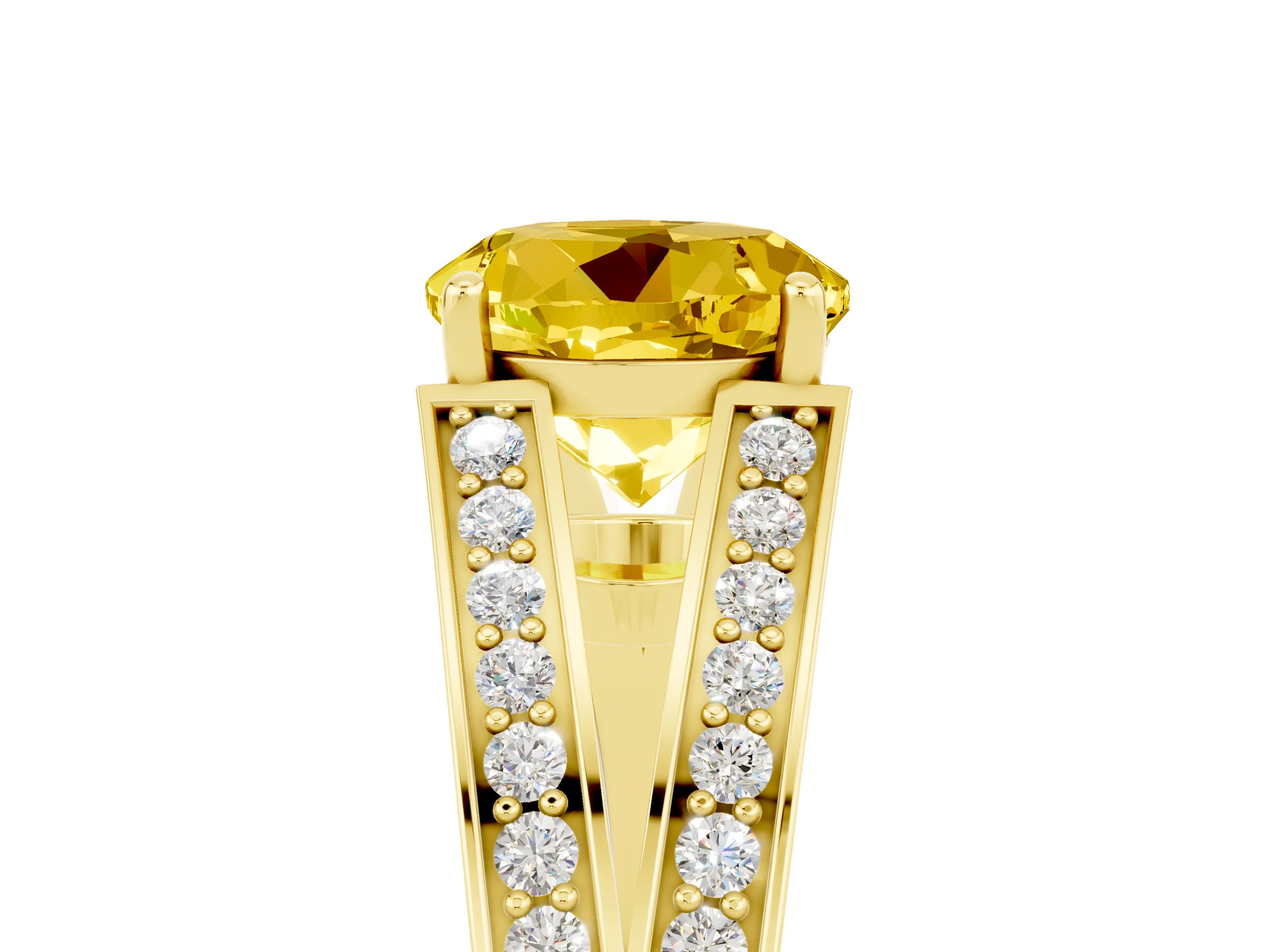 Yellow gold Round Cut Yellow Sapphire Split Shank Ring with Pavé Band and Four-Prong Setting_5