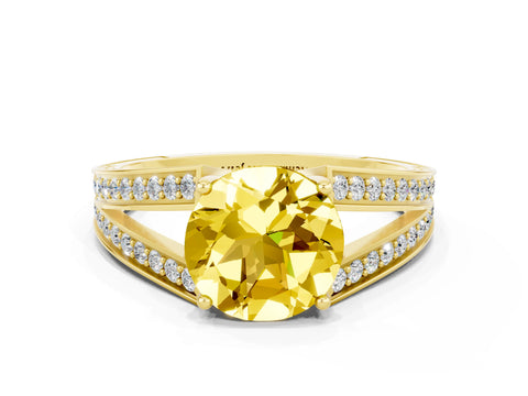 Yellow gold Round Cut Yellow Sapphire Split Shank Ring with Pavé Band and Four-Prong Setting