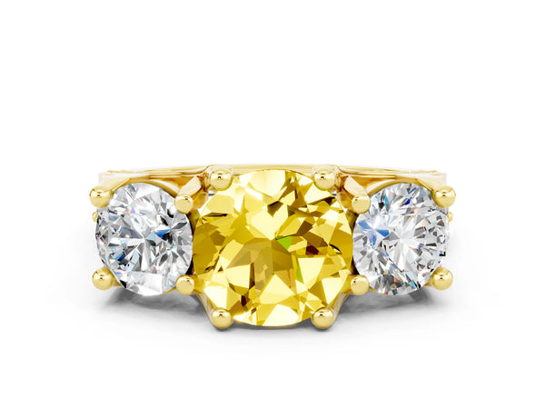 Yellow gold Round Cut Yellow Sapphire Three-Stone Ring with Channel Set Band and Four-Prong Setting