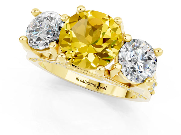 Yellow gold Round Cut Yellow Sapphire Three-Stone Ring with Channel Set Band and Four-Prong Setting