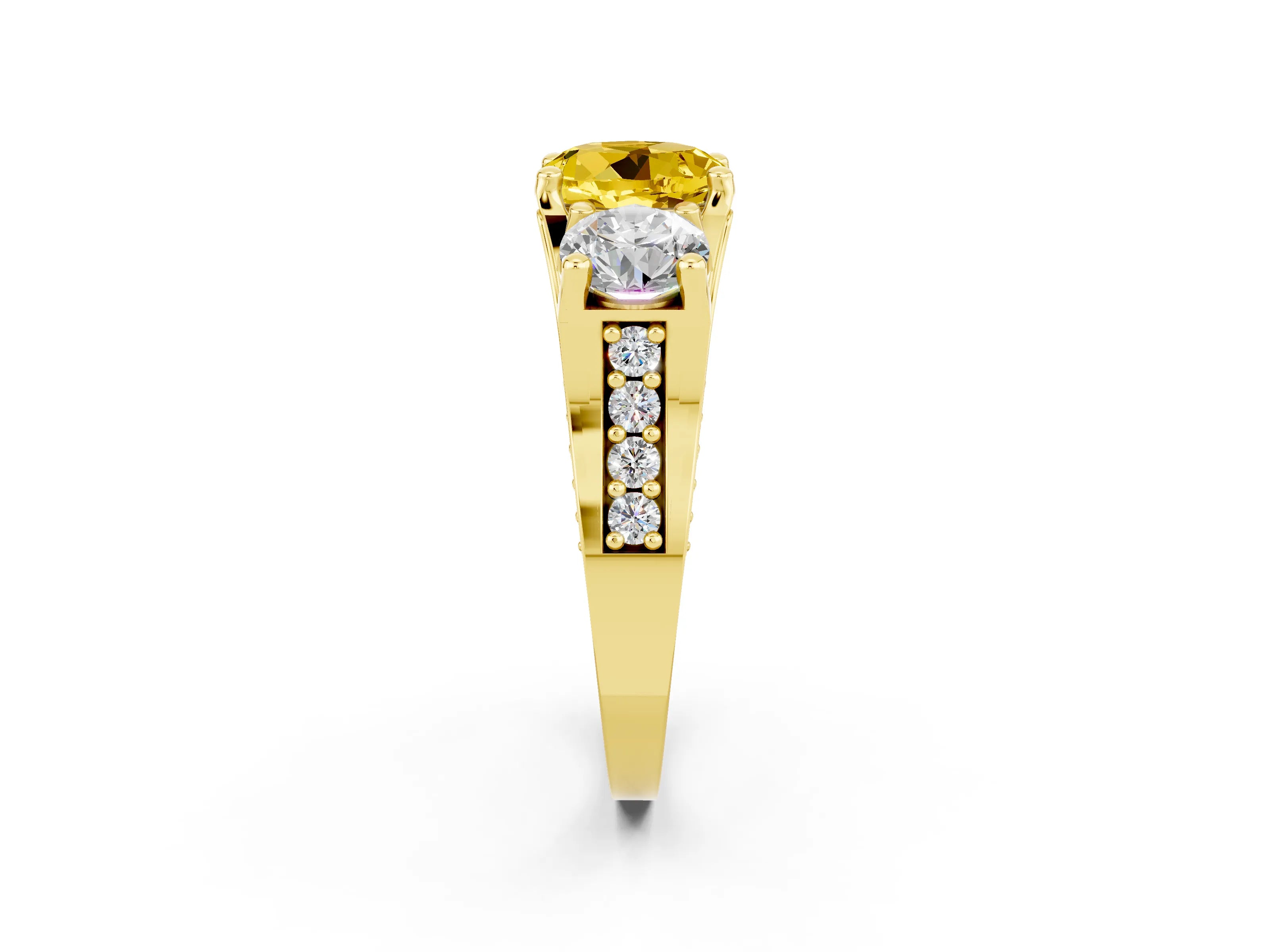 Yellow gold Round Cut Yellow Sapphire Three-Stone Ring with Channel Set Band and Four-Prong Setting_2