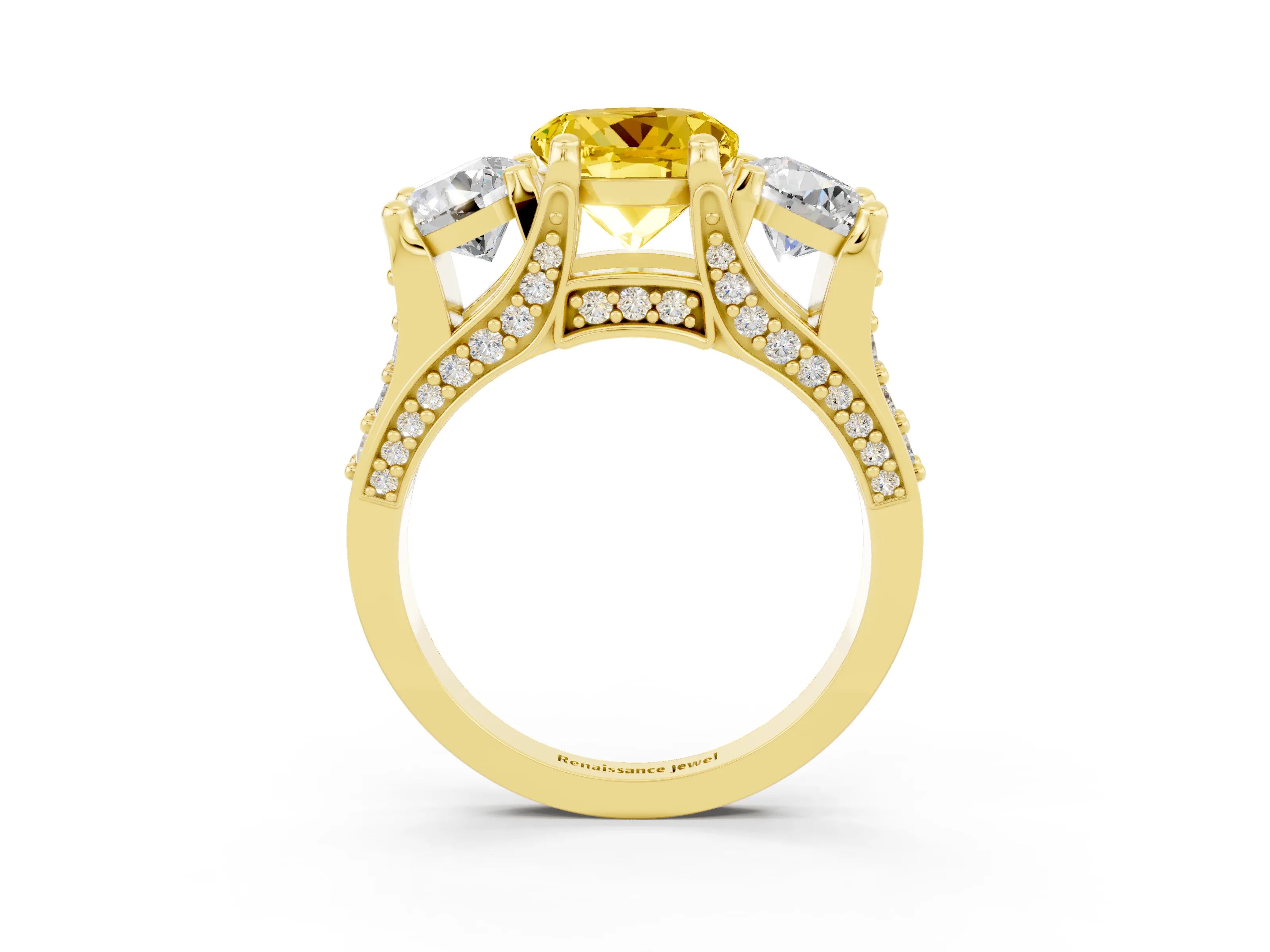 Yellow gold Round Cut Yellow Sapphire Three-Stone Ring with Channel Set Band and Four-Prong Setting_3
