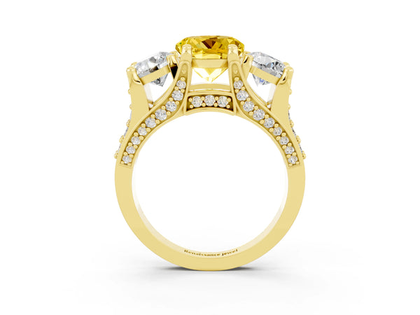 Yellow gold Round Cut Yellow Sapphire Three-Stone Ring with Channel Set Band and Four-Prong Setting