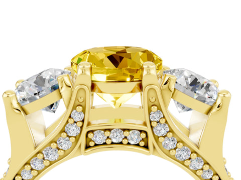 Yellow gold Round Cut Yellow Sapphire Three-Stone Ring with Channel Set Band and Four-Prong Setting_4