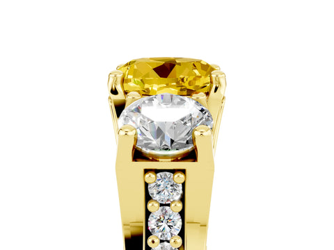Yellow gold Round Cut Yellow Sapphire Three-Stone Ring with Channel Set Band and Four-Prong Setting_5