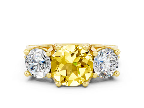 Yellow gold Round Cut Yellow Sapphire Three-Stone Ring with Channel Set Band and Four-Prong Setting