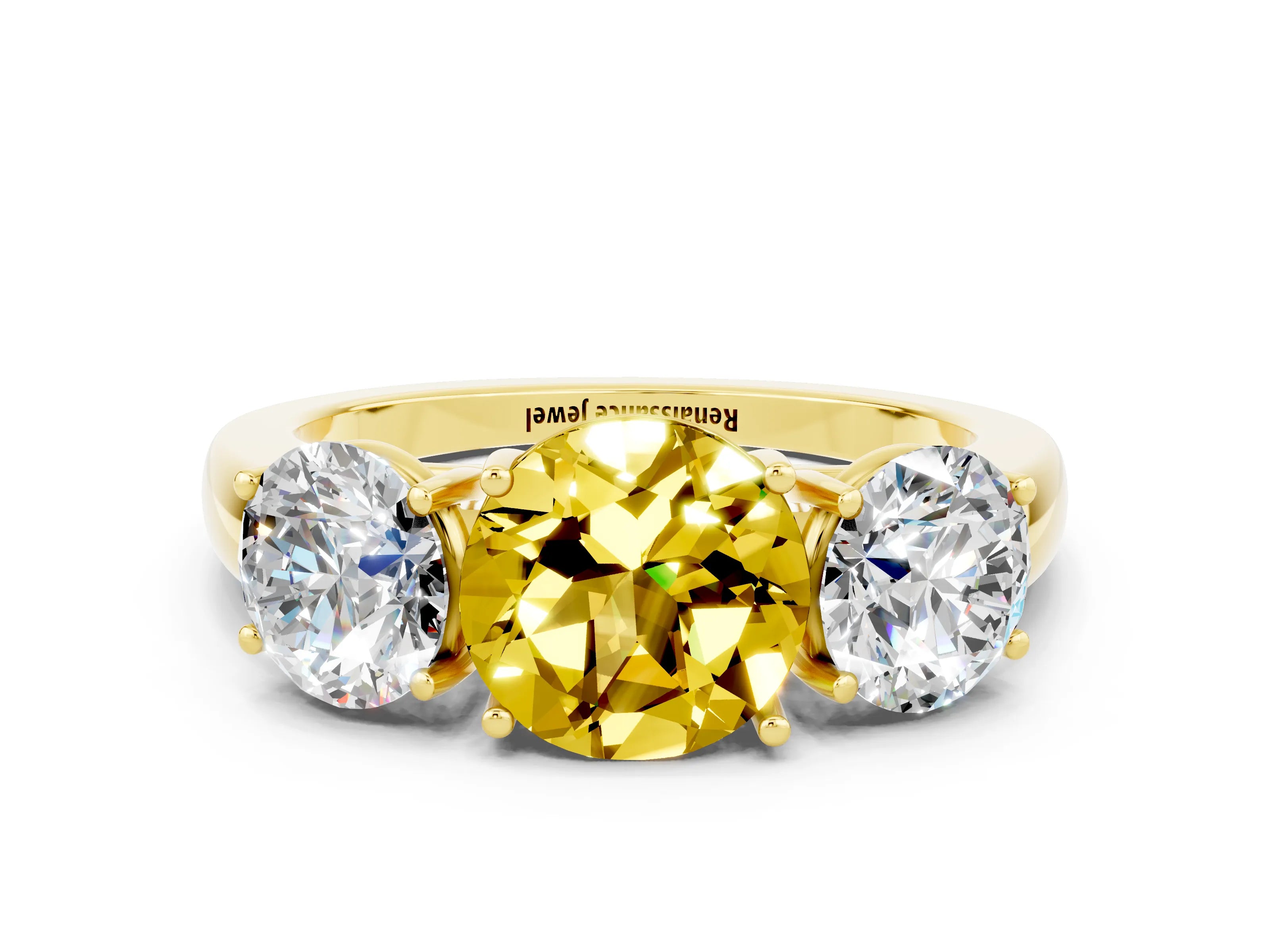 Yellow gold Round Cut Yellow Sapphire Three-Stone Ring with Four-Prong Setting and Classic Band